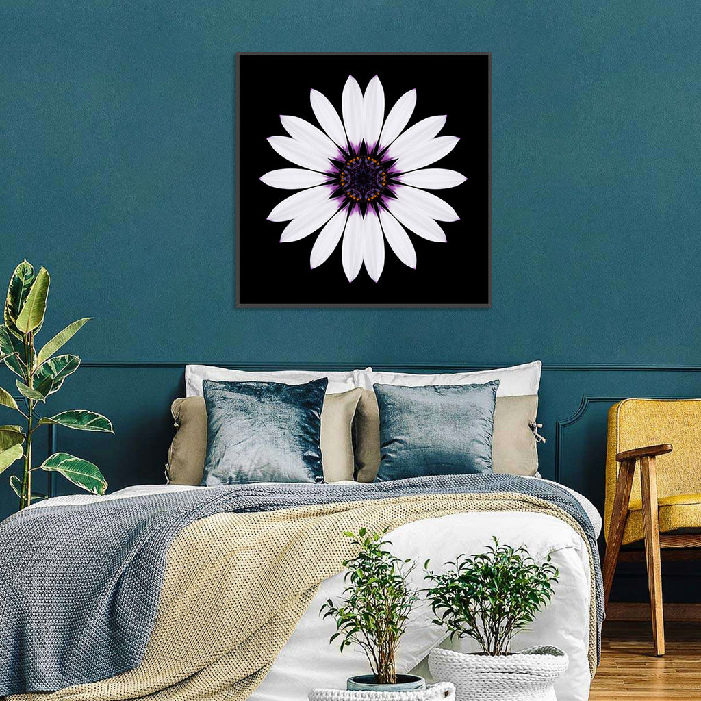 White Daisy Mandala on Black Wall Art