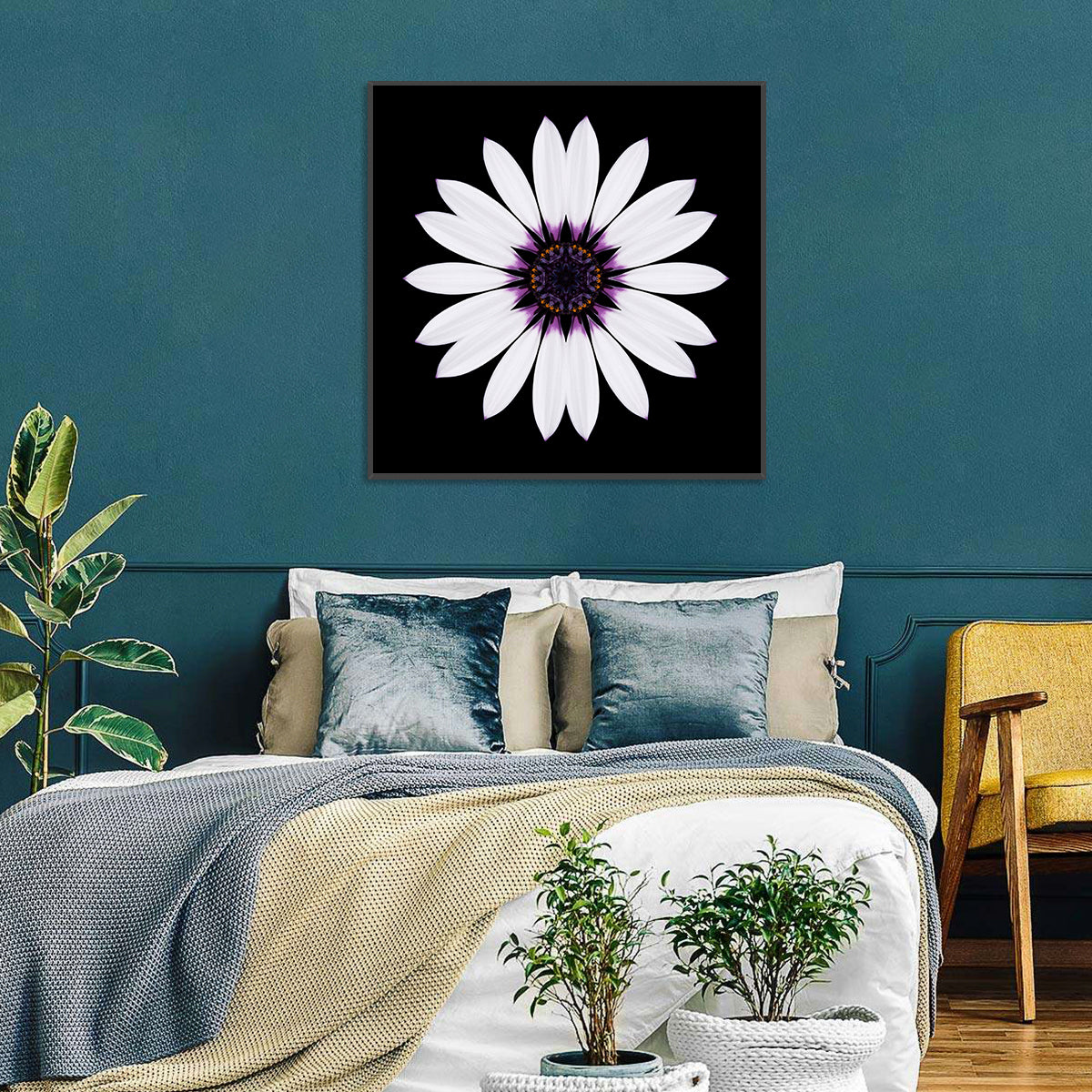 White Daisy Mandala on Black Wall Art in a room, square
