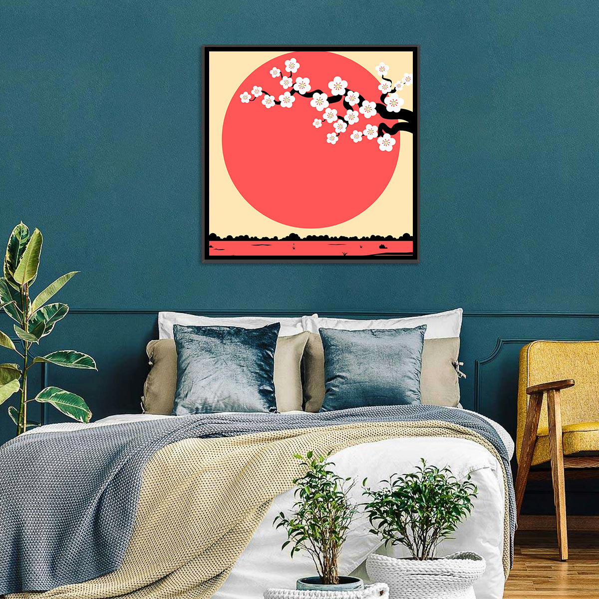 Cherry Blossom with Red Sun Wall Art in a room, square