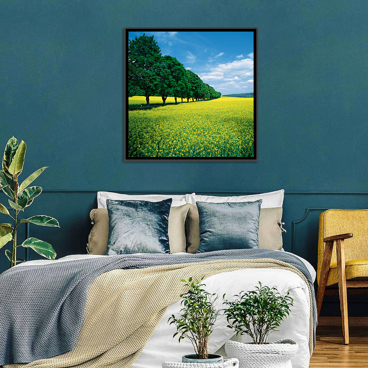 Spring Field of Yellow Flowers Wall Art in a room, square