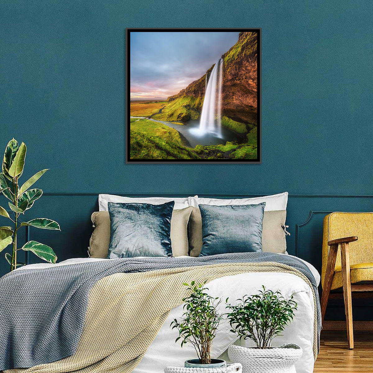 Seljalandsfoss Waterfall Wall Art in a room, square