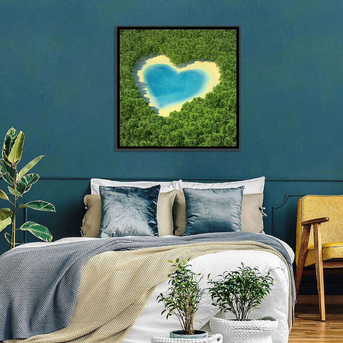 Heart-shaped Pond Aerial View Wall Art in a room, square