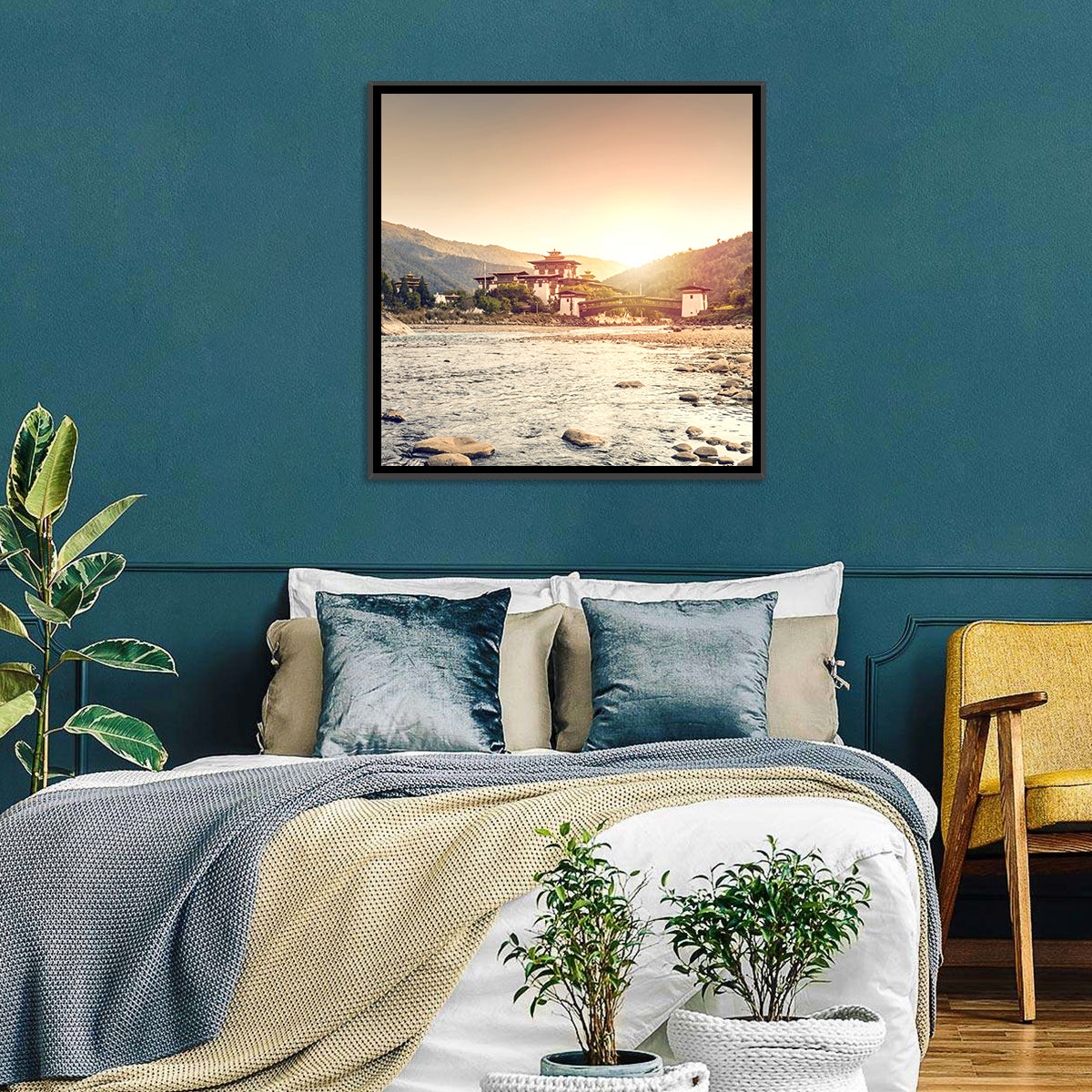 Punakha Dzong at Golden Hour Wall Art in a room, square