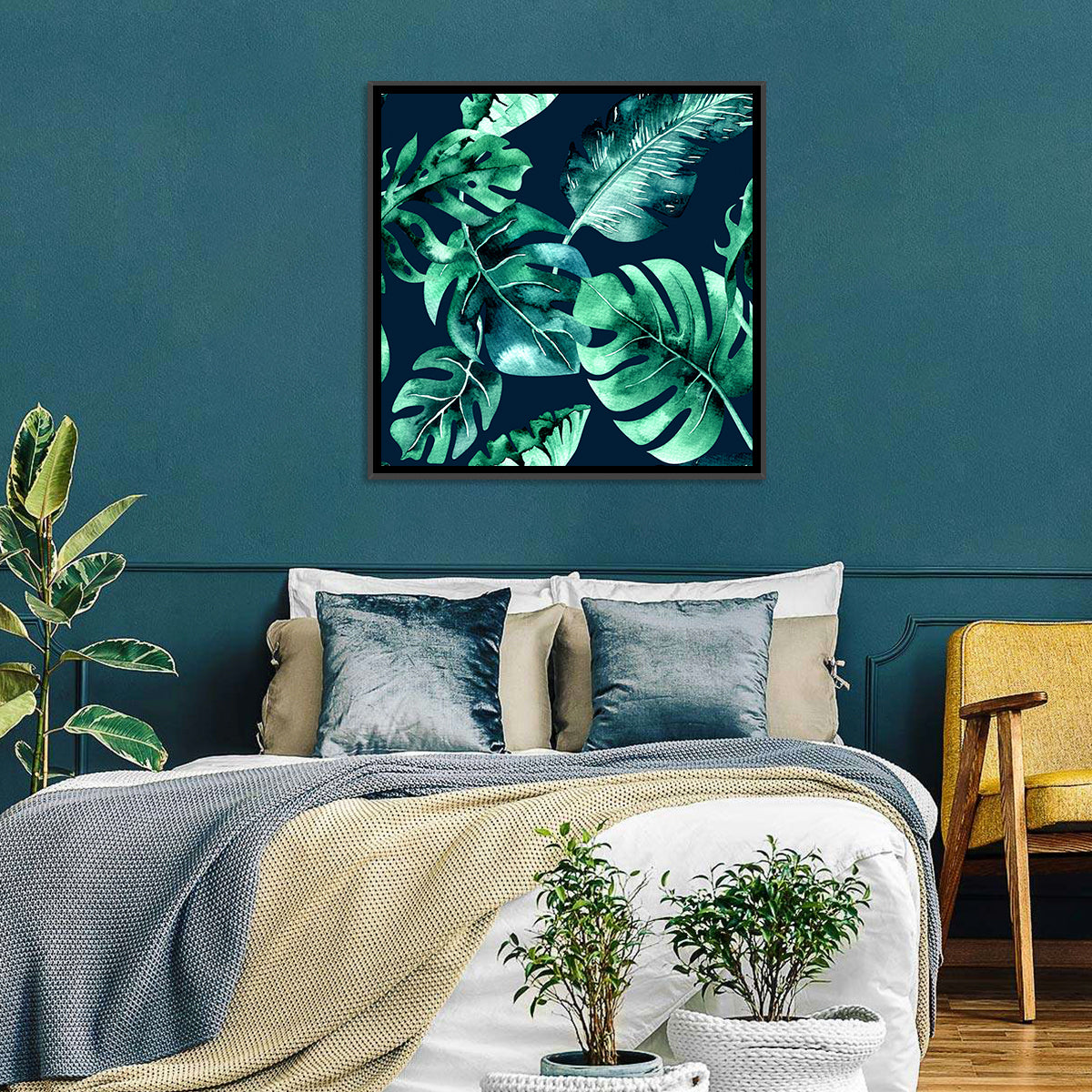 Tropical Watercolor Leaf Pattern Wall Art in a room, square