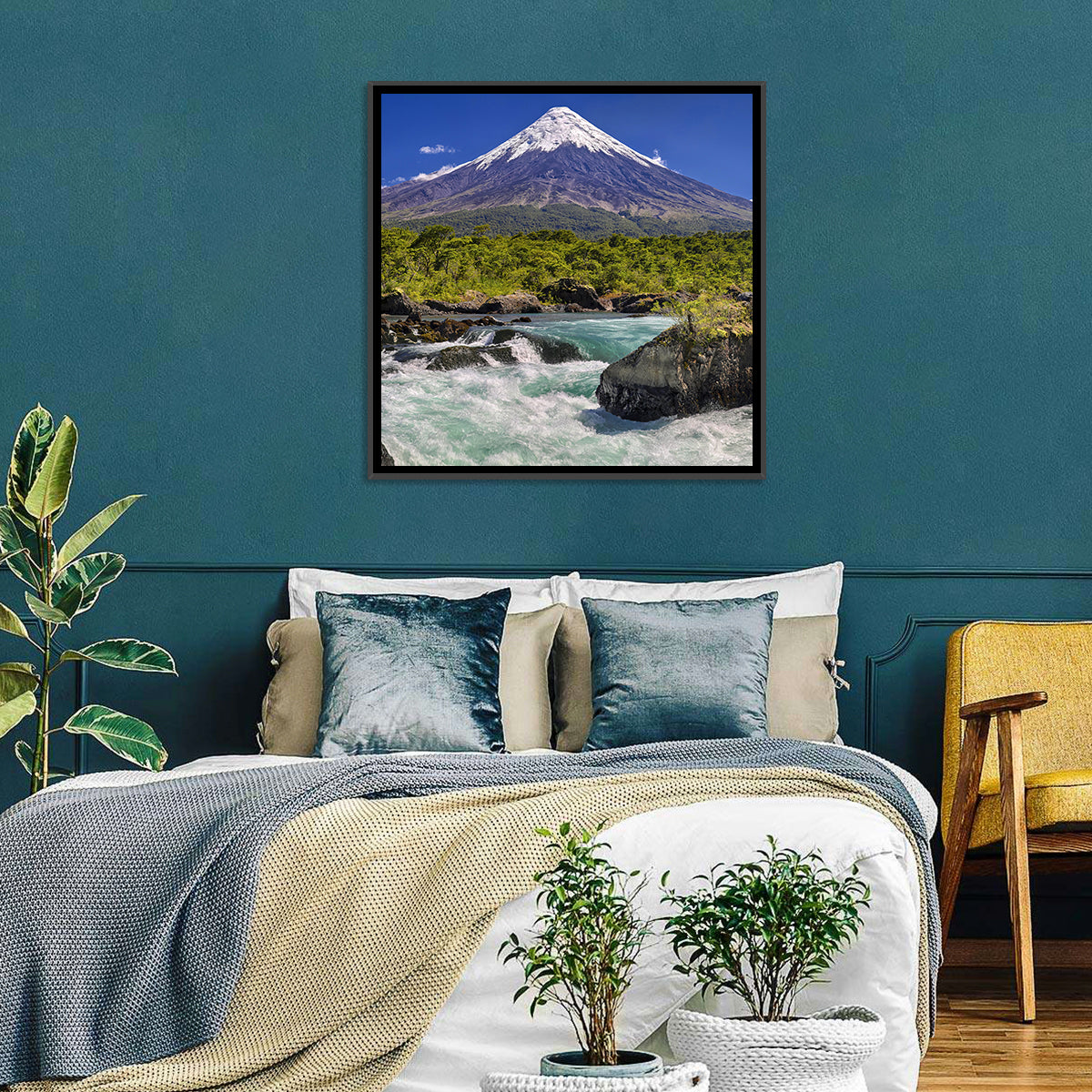 Osorno Volcano Over Petrohue Rapids Wall Art in a room, square