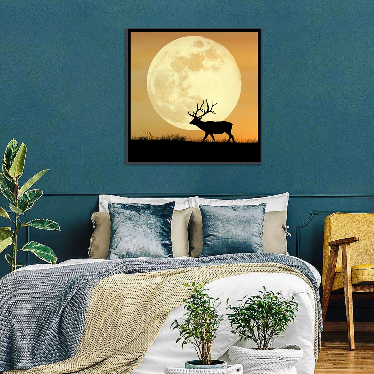 Bull Elk Silhouette Under Supermoon Wall Art in a room, square