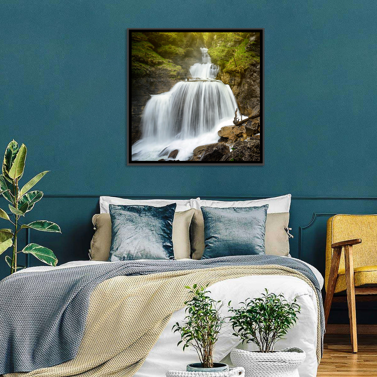 White Cascade Over Mossy Rocks Wall Art in a room, square