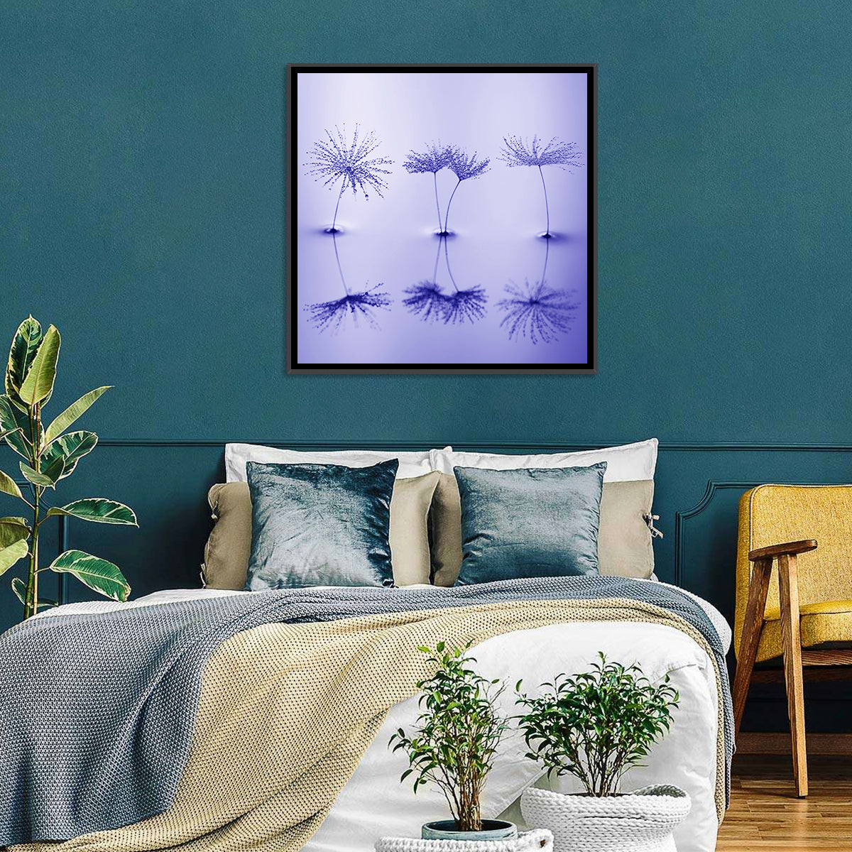 Blue Dandelion Seeds with Reflections Wall Art in a room, square