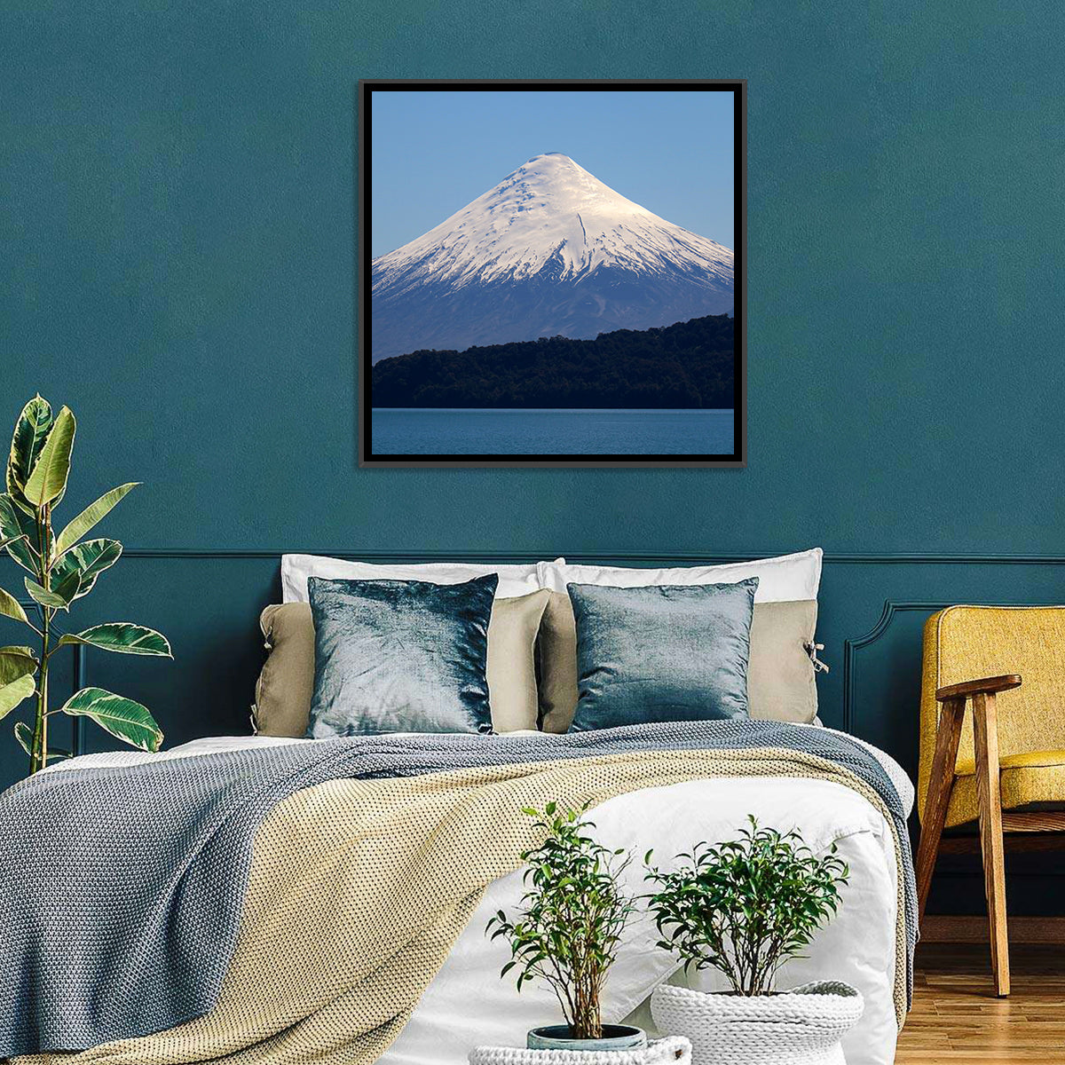 Snow-capped Osorno Volcano Over Lake Wall Art in a room, square