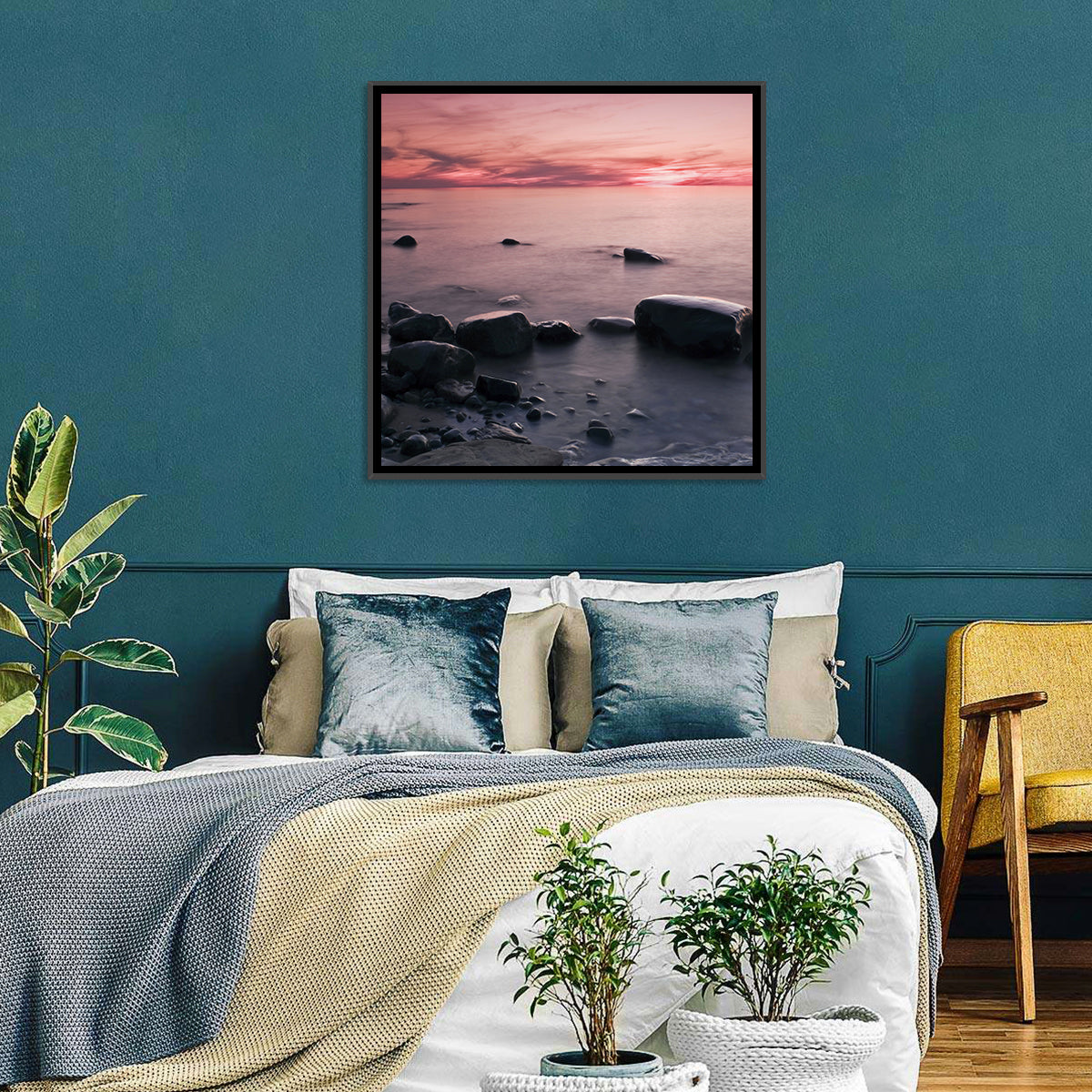 Pink Dusk Lakeshore with Silhouetted Rocks Wall Art in a room, square