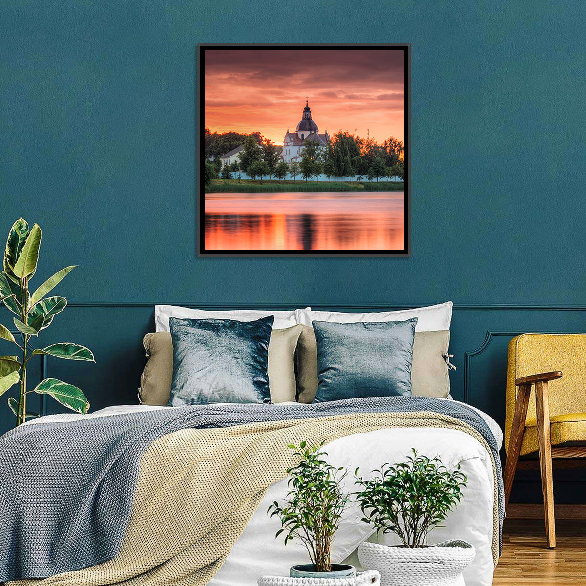 Corpus Christi Church Sunset Reflection Wall Art in a room, square