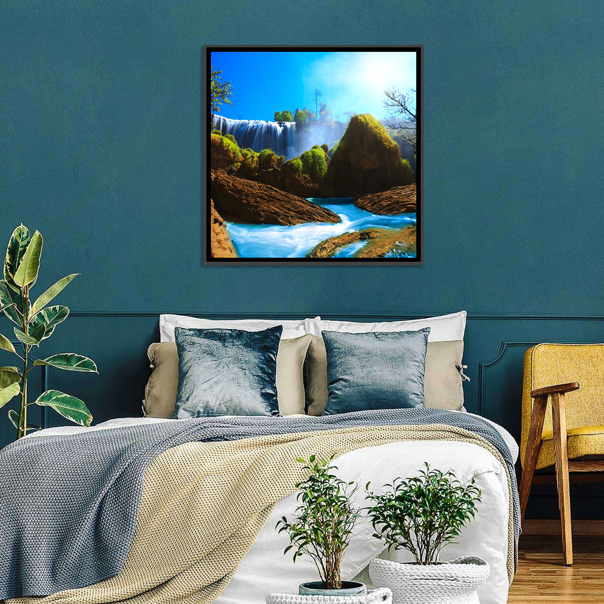 Sunlit Turquoise Waterfall Wall Art in a room, square