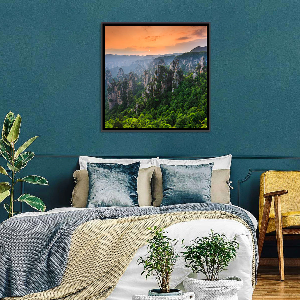 Zhangjiajie Forest at Sunset Wall Art in a room, square
