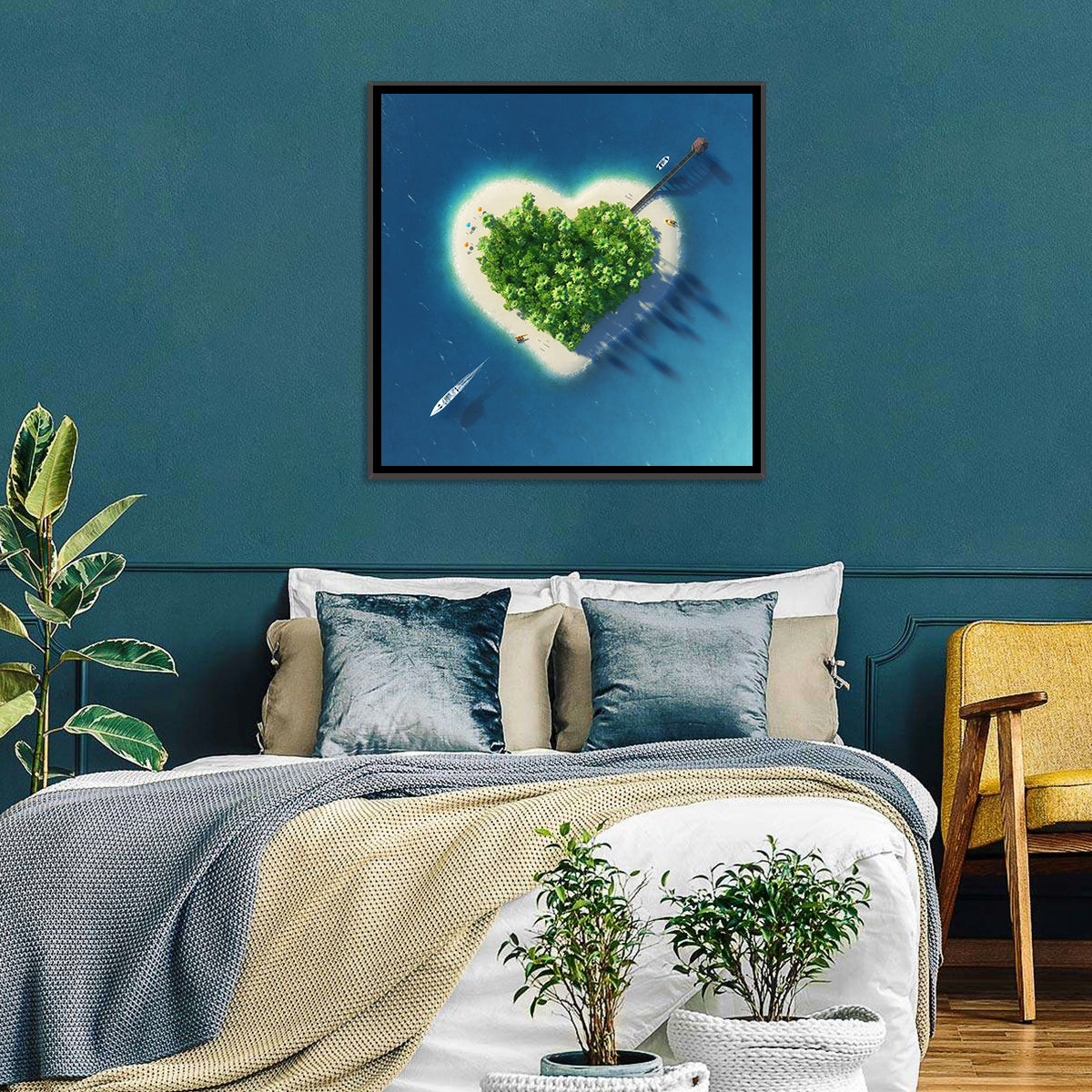 Heart-shaped Island Aerial Wall Art in a room, square