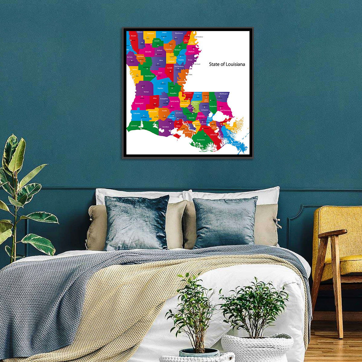 Colorful Louisiana Parish Map Wall Art in a room, square