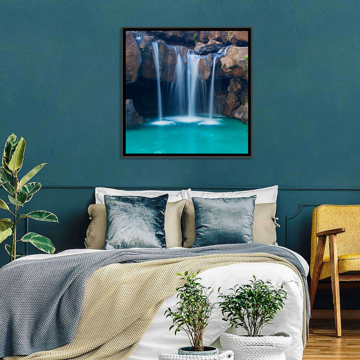 Waterfall Into Turquoise Pool Wall Art in a room, square