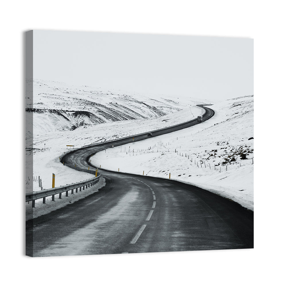 Winding Snow Road with Yellow Markers Wall Art, canvas print, square