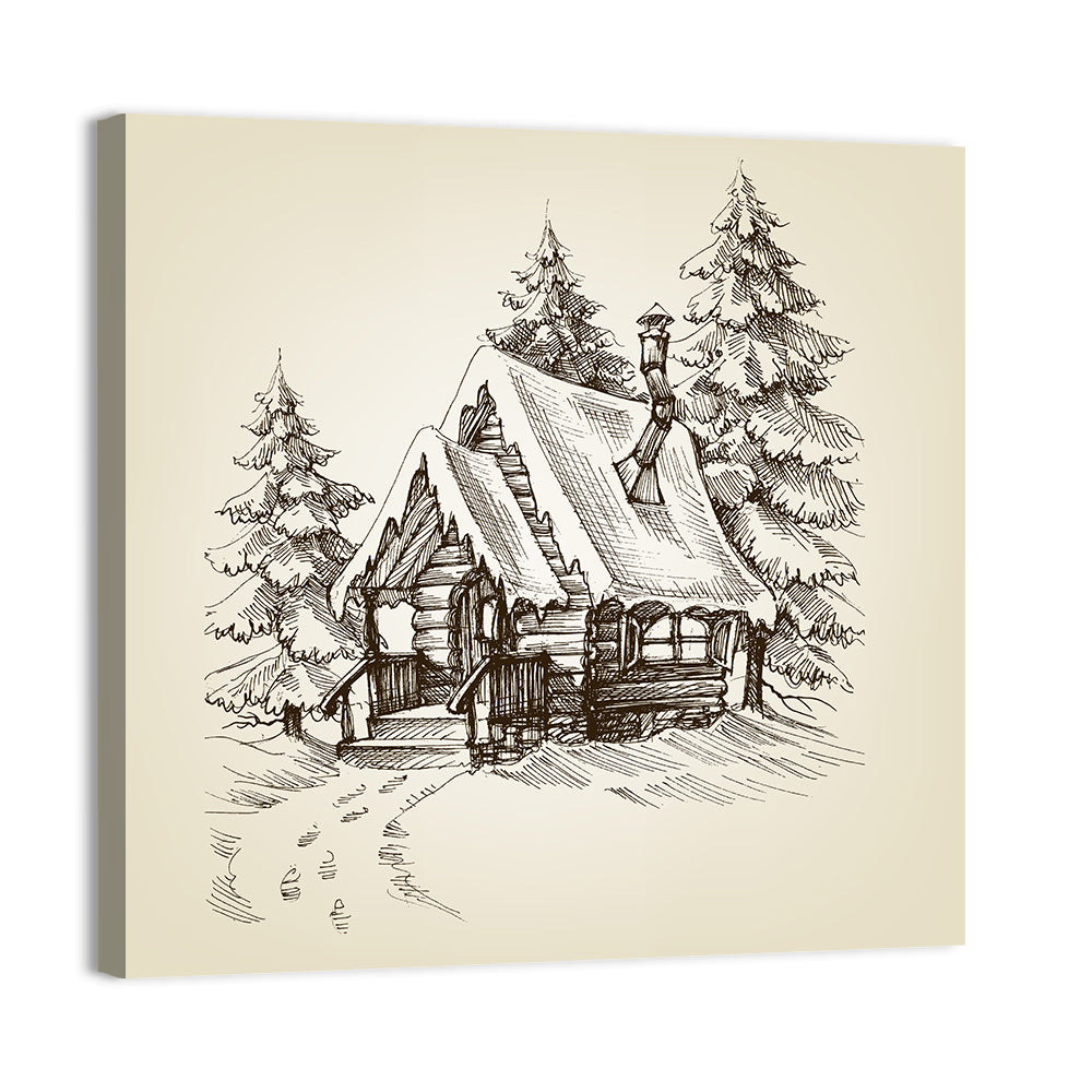 Snowy Log Cabin Illustration Wall Art