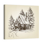 Snowy Log Cabin Illustration Wall Art