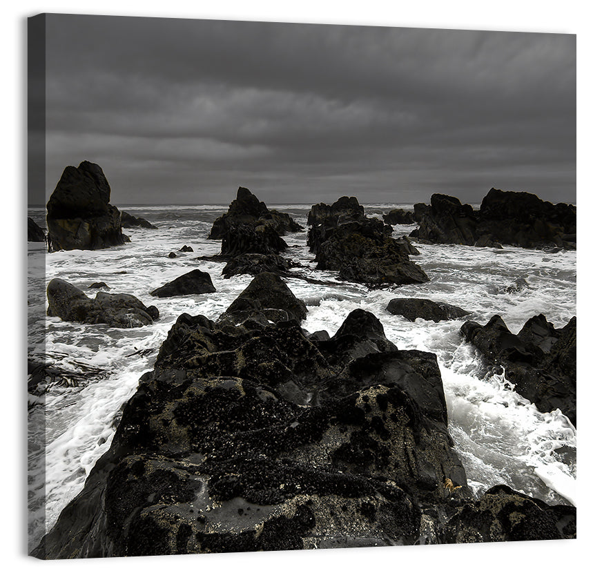 Moody Black and White Rocky Coast Waves Wall Art
