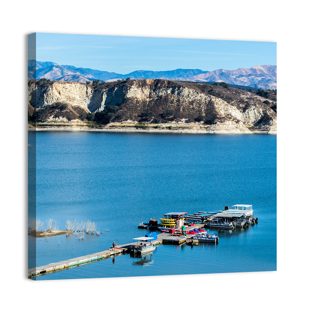 Lake Cachuma Dock and Mountains Wall Art, canvas print, square