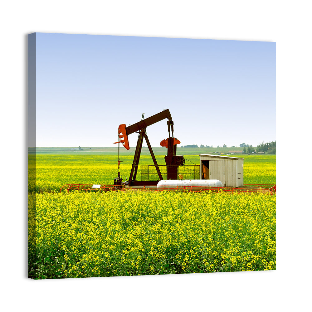 Rusty Pumpjack in Yellow Canola Field Wall Art, canvas print, square
