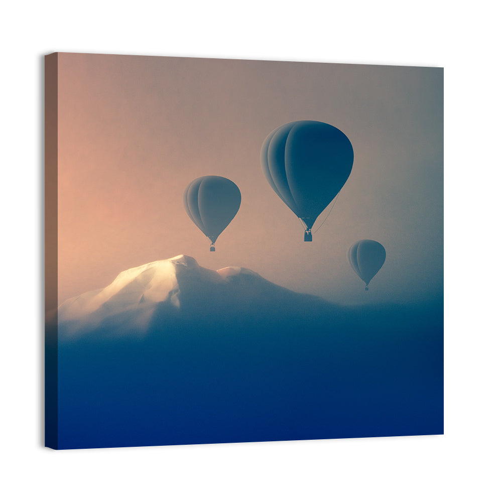 Three Hot Air Balloons Over Misty Peak Wall Art