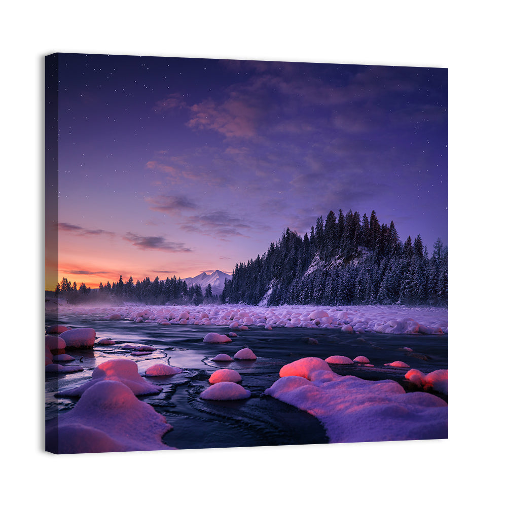 Twilight River and Snowy Pines Wall Art