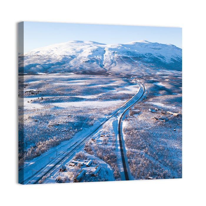 Snowy Valley with Parallel Tracks Wall Art as a canvas print