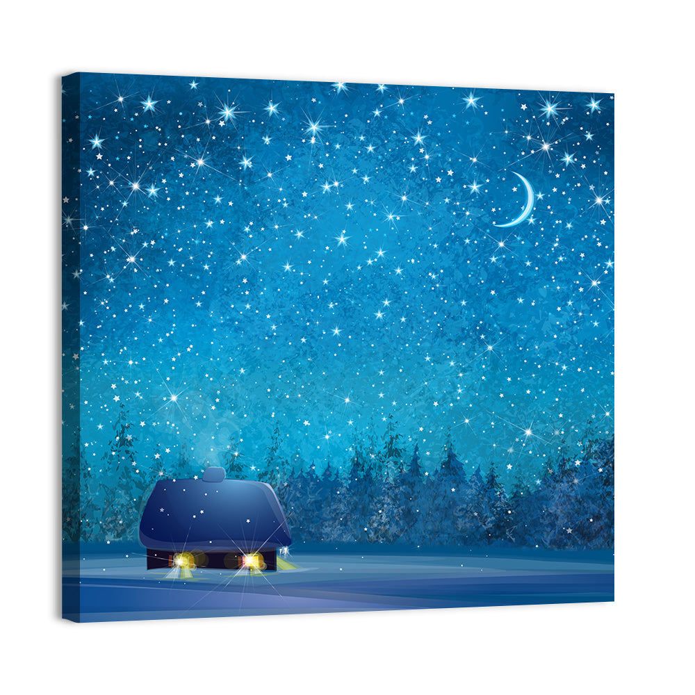 Winter Cottage Under Crescent Moon Wall Art
