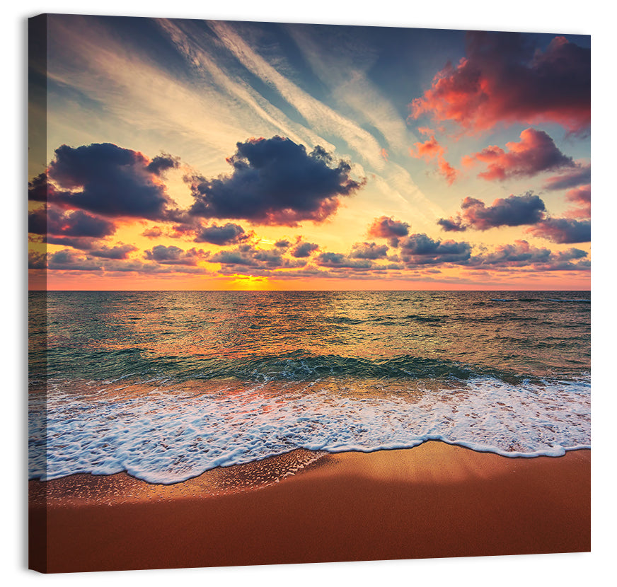 Golden Hour Beach Waves Under Cloudy Sky Wall Art