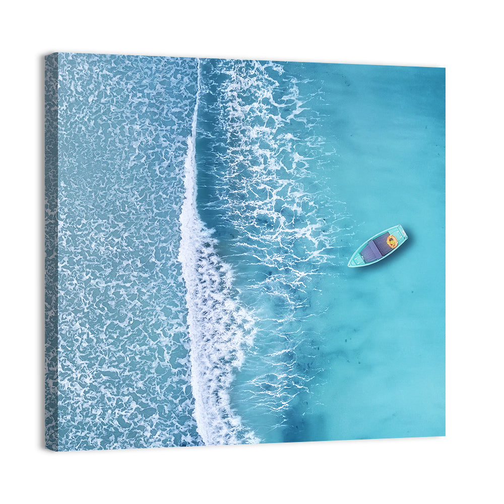 Lone Boat Over Turquoise Waves Wall Art