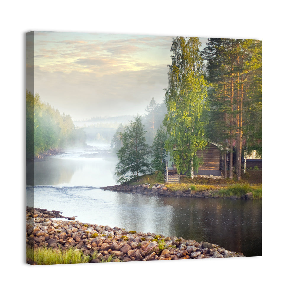 Misty River with Red Roof Cabin Wall Art