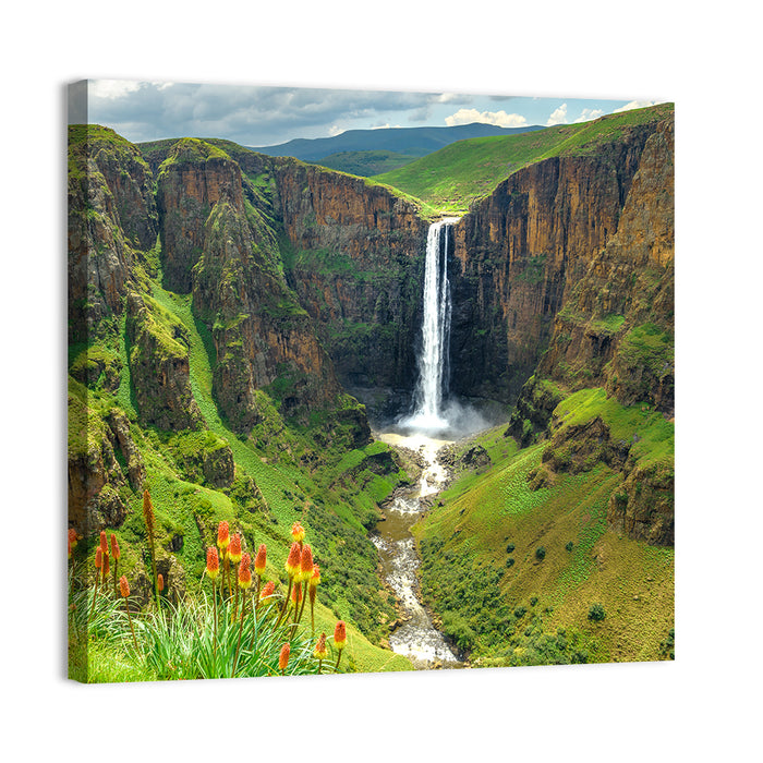 Maletsunyane Falls with Torch Lilies Wall Art as a canvas print