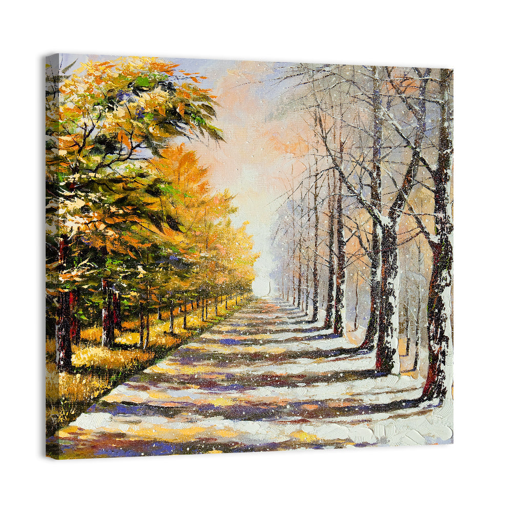 Autumn to Winter Forest Path Wall Art, canvas print, square