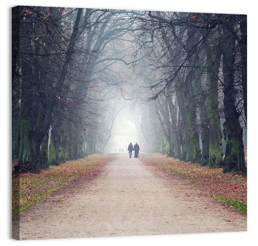 Foggy Tree Lined Walkway in Autumn Wall Art, canvas print, square
