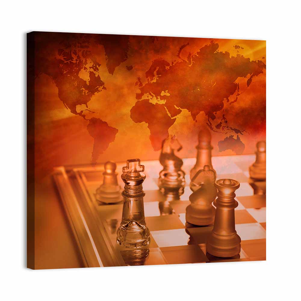 Chess with Faded World Map Wall Art, canvas print, square