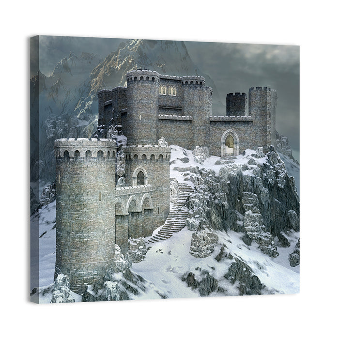 Snowy Medieval Castle Illustration Wall Art as a canvas print