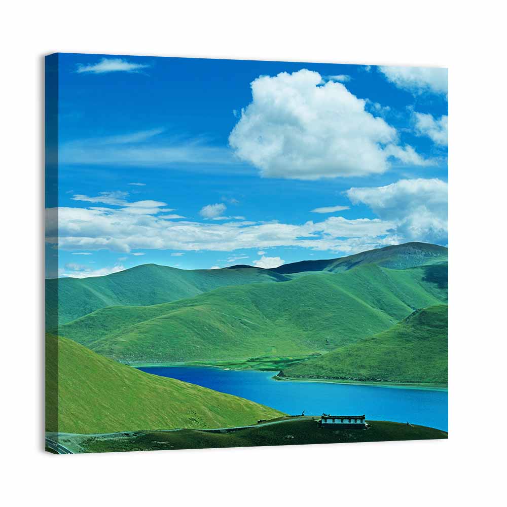 Yamdrok Tso Turquoise Lake Wall Art, canvas print, square