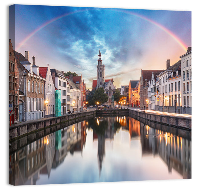 Bruges Twilight Rainbow Over Spiegelrei Canal Wall Art as a canvas print