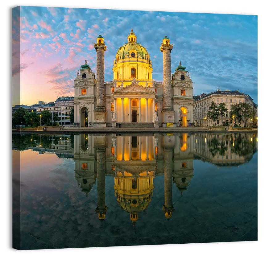 Karlskirche Golden Hour Reflection Wall Art, canvas print, square