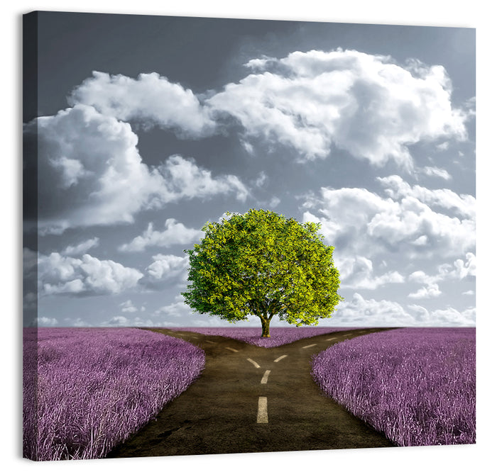 Lavender Field Crossroads with Lone Tree Wall Art as a canvas print