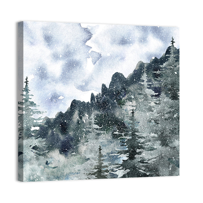 Snowfall Mountain Forest Illustration Wall Art as a canvas print