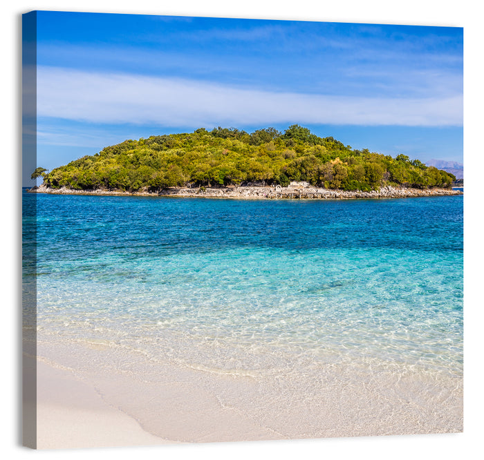 Butrint Turquoise Island Beach Wall Art as a canvas print
