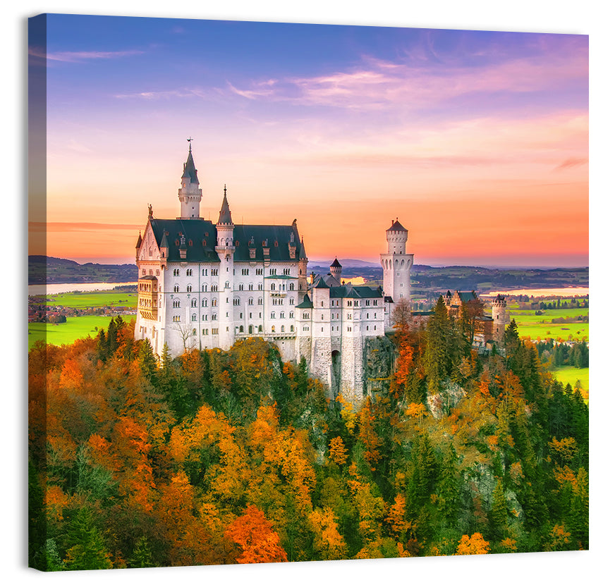 Neuschwanstein Castle at Autumn Sunset Wall Art, canvas print, square