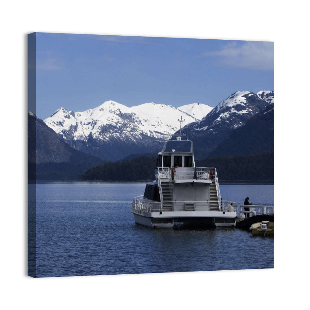 Lake Nahuel Huapi Catamaran and Snow-capped Mountains Wall Art, canvas print, square