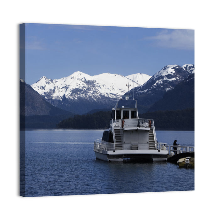 Lake Nahuel Huapi Catamaran and Snow-capped Mountains Wall Art as a canvas print
