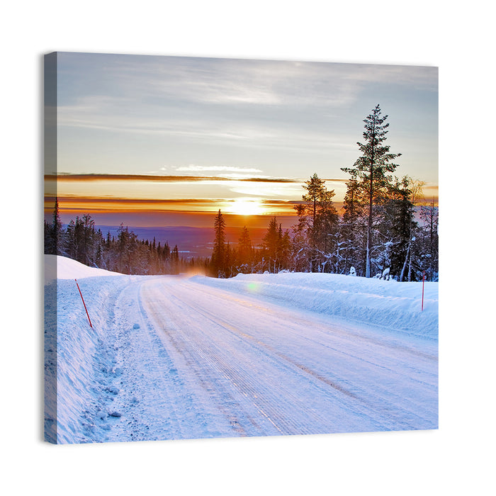 Snowy Road at Sunset Wall Art as a canvas print