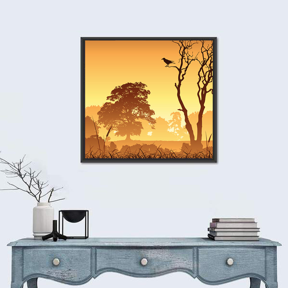 Golden Mist Tree Silhouettes with Crow Wall Art