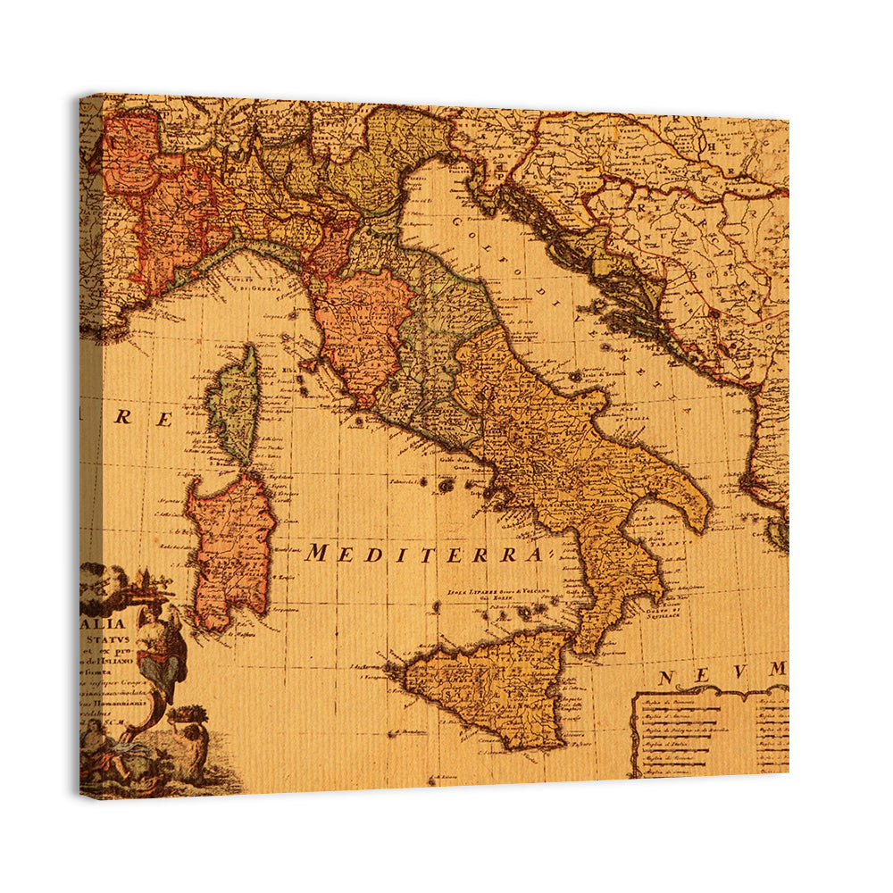 Antique Map of Italy with Ornate Cartouche Wall Art